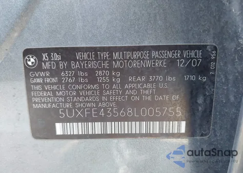 2008 BMW X5 3.0Si z USA, uszkodzony, nr VIN 5UXFE43568L005755